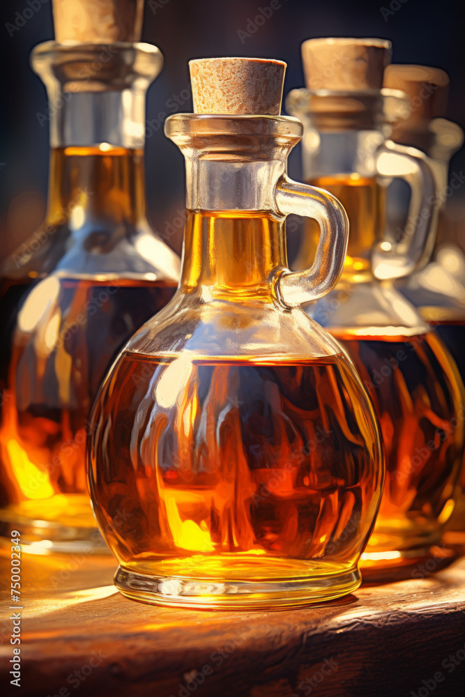 Glass decanters with oil catch the sunlight. Glass decanters with oil catch the sunlight.