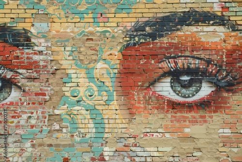 Close-up of Textured Brick Wall Adorned with Diverse and Colorful Street Art, Capturing the Urban Chaos and Creativity Concept