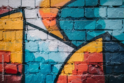 Detailed Close-Up of Textured Brick Wall with Diverse and Colorful Street Art, Reflecting Urban Chaos and Creative Expression Concept