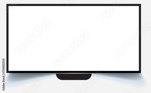4K TV flat screen lcd or oled, plasma, realistic illustration, White blank monitor mockup. wide flatscreen monitor hanging on the wall photo