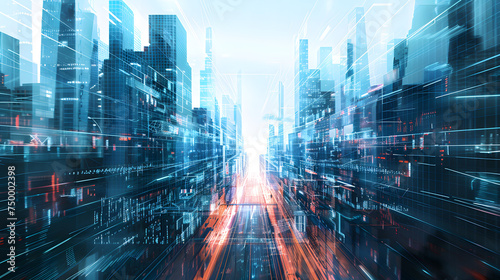 Futuristic cityscape with digital network overlay