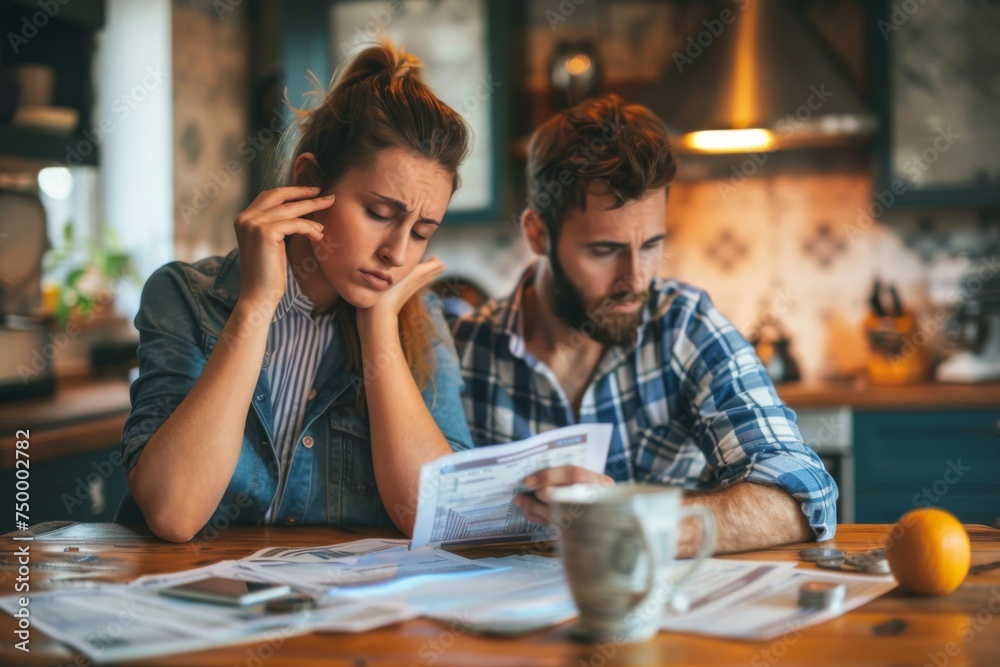 Worried Couple Analyzing Financial Documents, Reacting to Significant Cryptocurrency Losses, Emphasizing Chaos and Uncertainty Concept Worried Couple Analyzing Financial Documents, Reacting to Significant Cryptocurrency Losses, Emphasizing Chaos and Uncertainty Concept