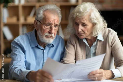 Worried Couple Analyzing Financial Documents, Shocked by Major Cryptocurrency Losses, Concept of Financial Crisis and Investment Risks photo