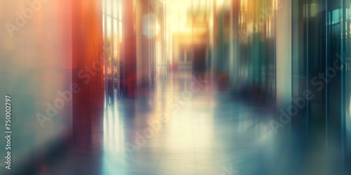 Warmly lit, blurry interior view of a modern hospital corridor