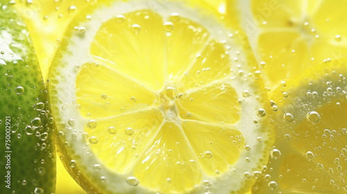 Macro View of Fresh Lime Slices and Water Droplets with Vivid Green and Yellow Hues.