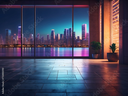empty inside with a concrete floor in a night cityscape design