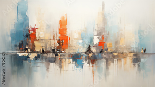 Abstract watercolor painting depicting a vibrant cityscape with buildings reflected in still water, using bold brushstrokes.