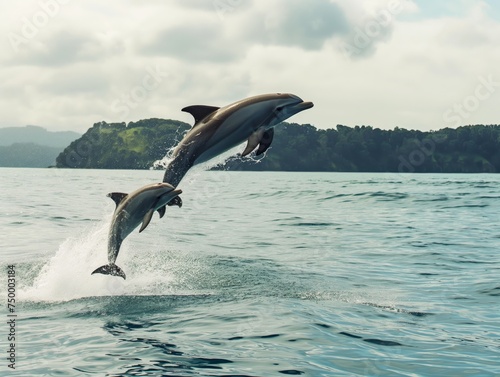 Majestic dolphins leaping out of the water in a breathtaking slow-motion capture, showcasing their playful nature and freedom © cherezoff