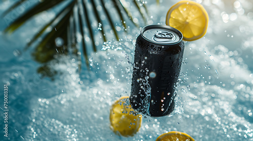 Black drink can, hovering flying above the crystal clear water beside a gorgeous palm leaf. photo