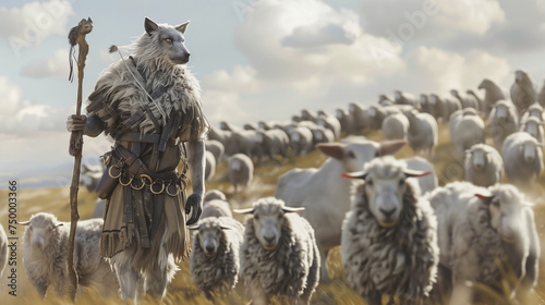 wolf in sheep's clothing shepherd's staff among a flock of sheep in a pasture