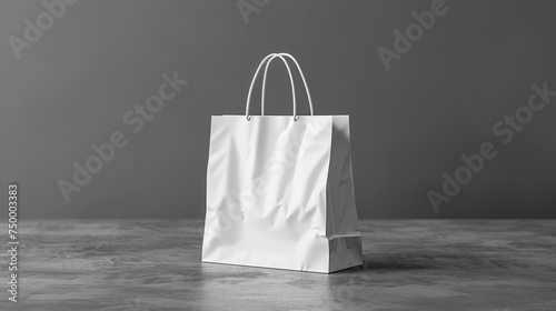 White Folded paper bag with handle isolated on white background. Paper bag. Kraft paper shopping bag. White folded paper bag with handle. Empty grocery paper bag. Recycled carton package. Mock up photo