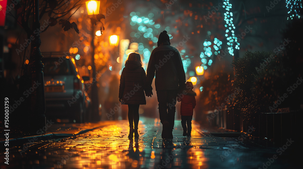 A family is seen from behind, walking hand in hand on a city street adorned with festive lights, reflecting on the wet pavement. Family walking through a city at night, urban exploration.