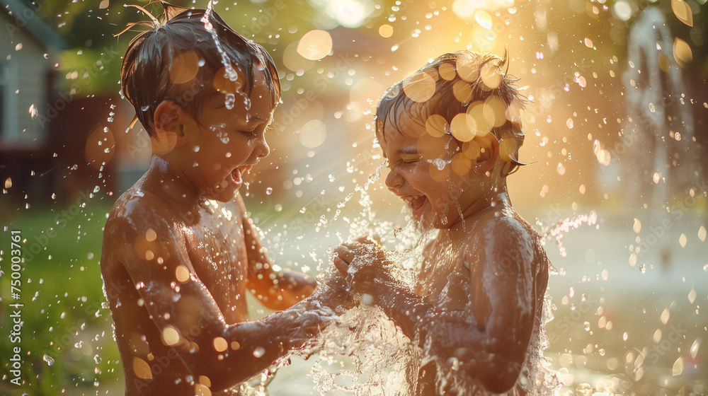 Obraz premium Two children are captured in a burst of laughter as they play with water in the golden light of a summer afternoon.