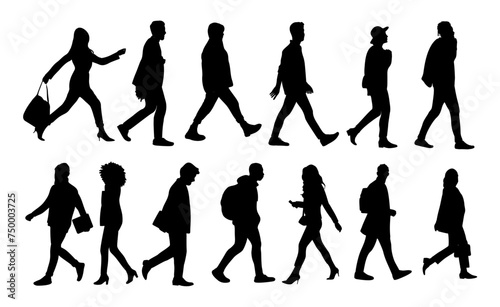 Silhouettes of Various people walking side view. Modern men and women in smart casual outfits with bags, phone, backpack. Vector black monochrome illustrations isolated on transparent background.
