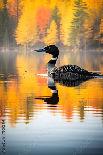 Floating Grace - A Peaceful Loon on a Secluded, Mirroring Lake Amidst Forest