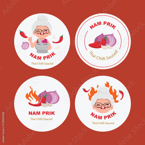 Sticker Nam Prik Thai Chili Paste Sauce. Logo vector Label Sticker and Banner design. 
