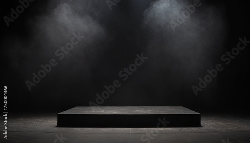 Black square podium with smoke effect for product presentation. Minimal stage in loft, modern style with a pedestal layout. Conceptual exhibition or award ceremony