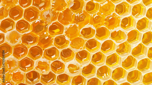 a honeycomb, a mass of hexagonal prismatic cells built from beeswax, a front view in a horizontal layout, in a Sweet treat-themed, photorealistic illustration in JPG. Generative ai