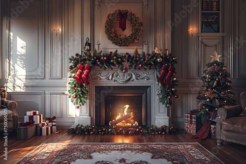 Fireplace With Stockings And A Wreath Hanging Above It