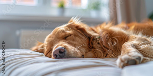 A fluffy golden retriever dog sleeping peacefully in a cozy home setting, bathed in warm sunlight