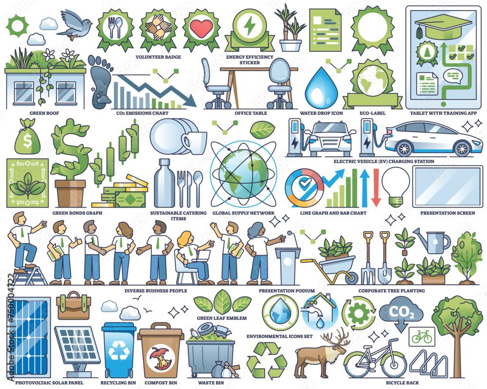 Corporate sustainability or ESG green business practices outline collection set. Elements with ecological and responsible company vector illustration. Diverse people, forestation and recycling items.