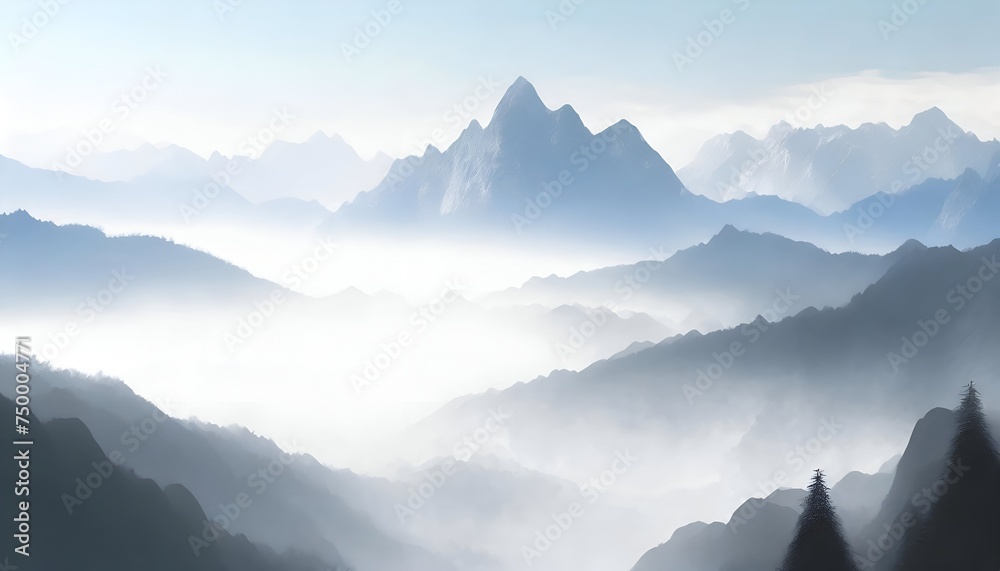 Illustration of mountains under morning mist