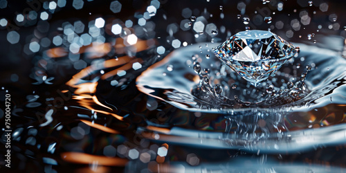 Stunning image of a pristine diamond causing a dynamic splash in water, with a bokeh light effect enhancing the scene's luxury