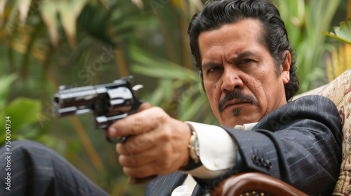 Drug cartel boss having altercation, pointing a gun