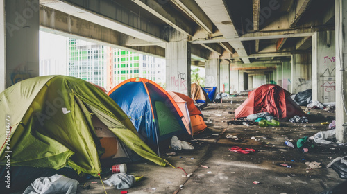 Tents of homeless persons under the overpass