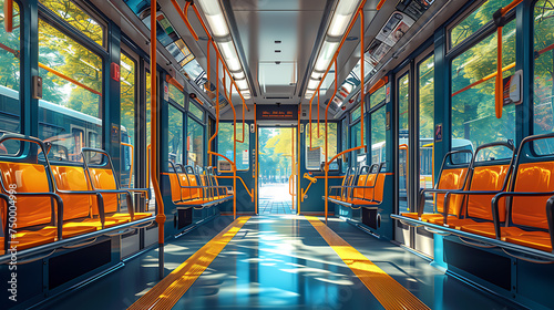 The empty interior of an german underground train  in the style of light navy and yellow  bold color choices  environmental awareness  light orange and yellow  sleek metallic finish.