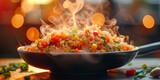 Hot fried rice with colorful veggies steaming in a bowl