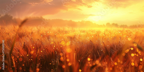 Sunrise illuminating a cornfield with dewdrops, casting a golden glow