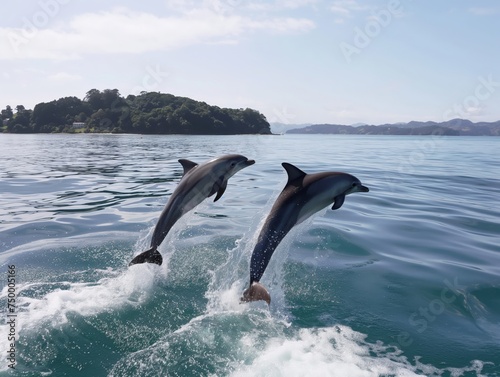 Majestic dolphins leaping out of the water in a breathtaking slow-motion capture, showcasing their playful nature and freedom