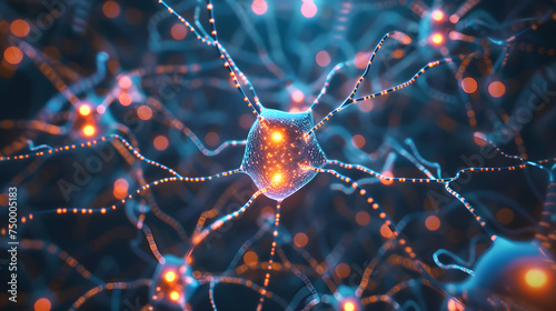Digital illustration of a glowing neuron with synaptic connections in a network