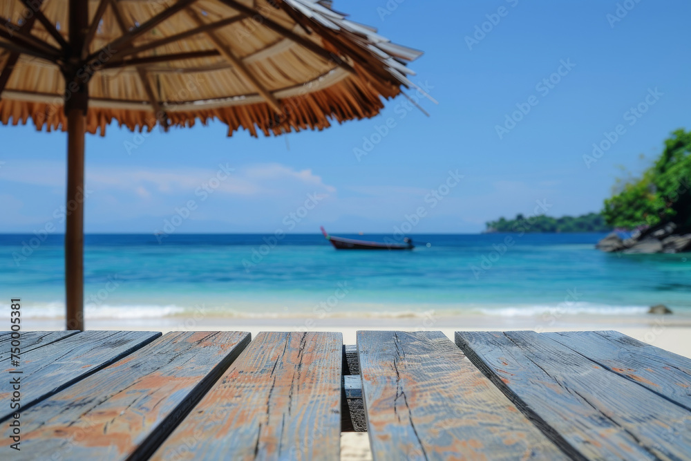 A refreshing view from a wooden table at an inviting beach resort A refreshing view from a wooden table at an inviting beach resort