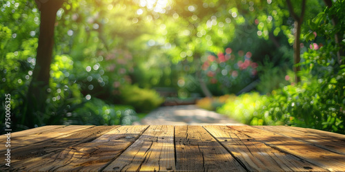 Empty wooden tabletop with a blurred green garden background bathed in natural light