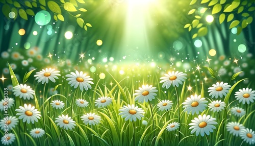 Illustration of green blurred background with bokeh lights and flowers chamomile