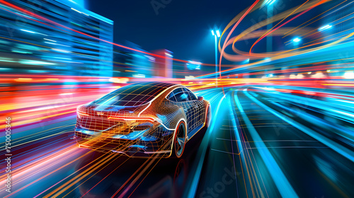 Futuristic car speeds through neon city