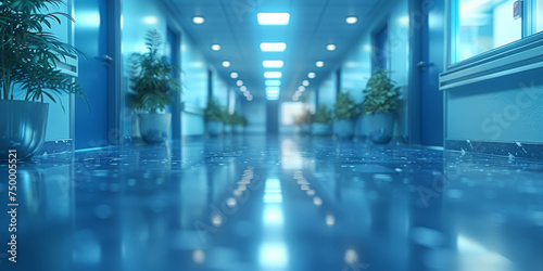 A contemporary hospital corridor bathed in cool blue lighting