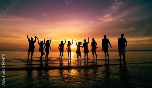 Bitch barty. Silhouette of group of people at sunset on beach party. Happy friends having fun on sea beach in tropical. Travel and Celebration summer vacation.  Silhouette of People Dancing On Beach