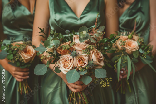 Elegant Bridesmaids in Green Dresses Holding Bouquets