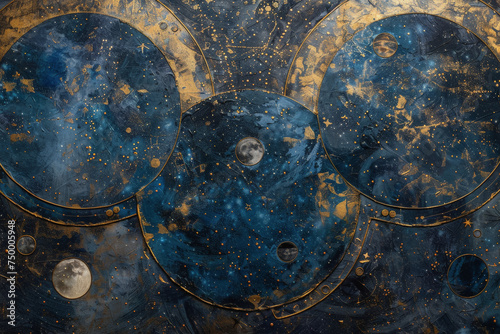 Astrology background, energy, light blue and dark blue and gold, art-deco, minimalist.