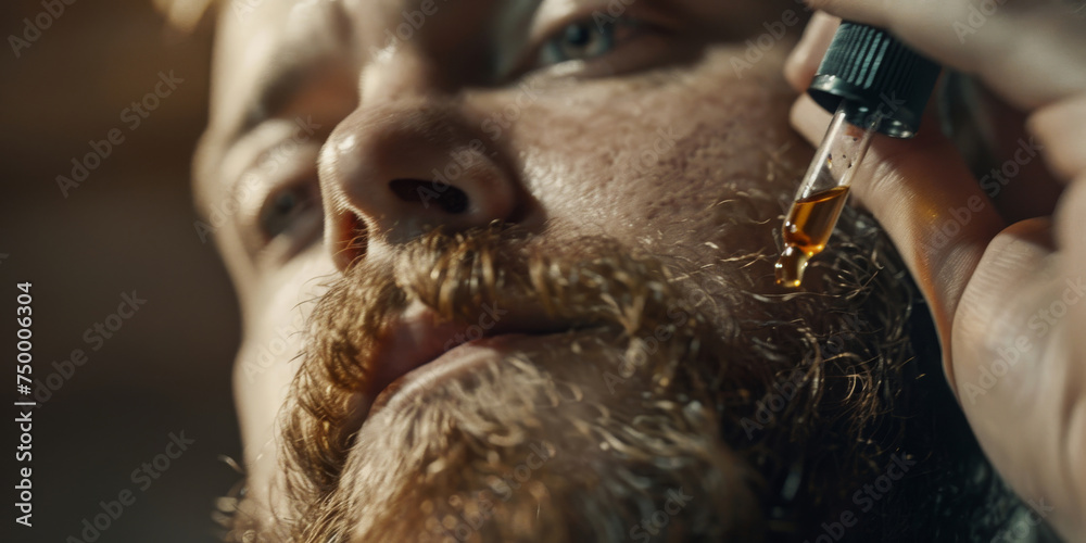 Naklejka premium Man Applying Beard Oil
