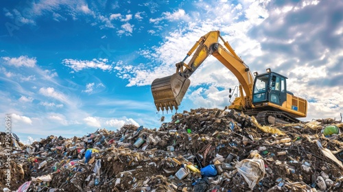 A backhoe is working on a large pile of garbage  photo