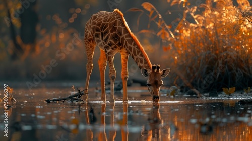 A giraffe in its natural environment drinking from a river