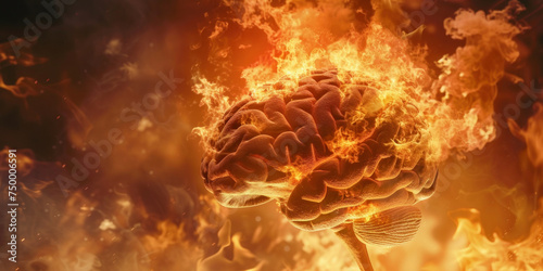 Fiery Brain Conceptual Image of a Human Brain on Fire with Flames Emerging from the Top