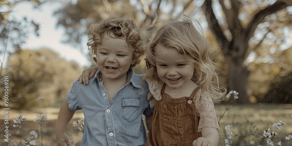 Obraz premium A boy and a girl, both dressed in casual clothing, are standing side by side on a sidewalk