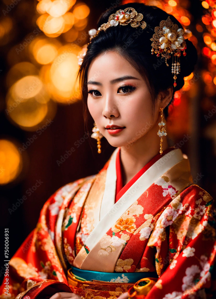 portrait of a beautiful Japanese geisha woman. Selective focus.