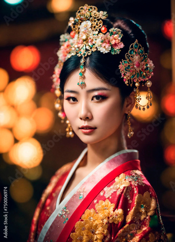 portrait of a beautiful Japanese geisha woman. Selective focus.