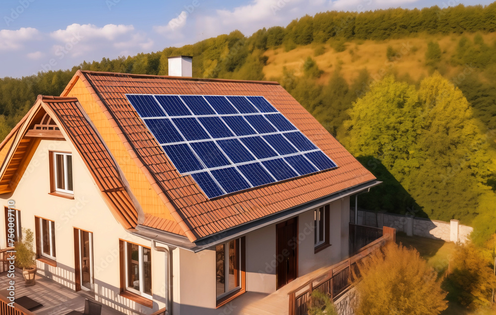 Solar panel on roof house. Home with solar panels on roof. Modern house exterior. Tanunhouses and residential buildings, houses with solar panels on roof. Solar photovoltaic construction for homes.